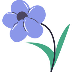 Simple Blue Flower With Green Stem And Leaves Against White Background