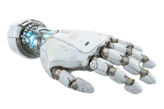 Advanced robotic hand design featuring brushed-metal joints, subtle wear, and blue status lights across a white matte surface, isolated on transparent background
