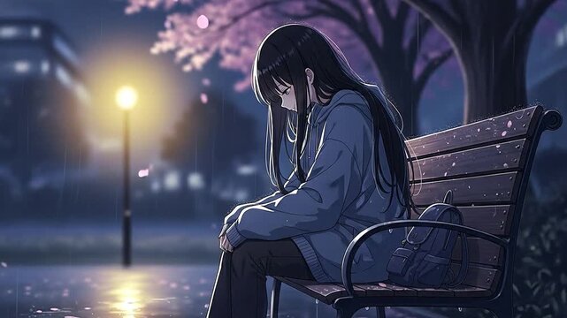 Lofi Anime Girl Relaxing in Night Rain Animated Loop for Chill Music Videos