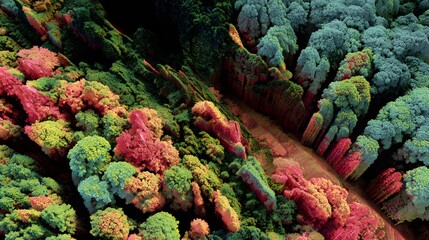 Naklejka premium Aerial view of a surreal colorful forest with trees in red, green, yellow, and blue tones, creating an abstract digital landscape symbolizing creativity, imagination, and the beauty of nature in art.