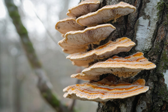 A shelf fungus growing in layers along the trunk of an ancient tree