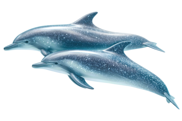 Two sleek dolphins swimming in a parallel curve, silver-blue backs with pale bellies and subtle skin speckles, dynamic forward motion, isolated on transparent background

