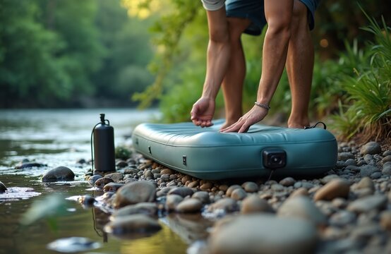 Person inflates air mattress near river. Man prepares for swim relaxing in nature. Summer recreation activity outside. Weekend trip adventure in countryside. Refreshing outdoor travel concept.