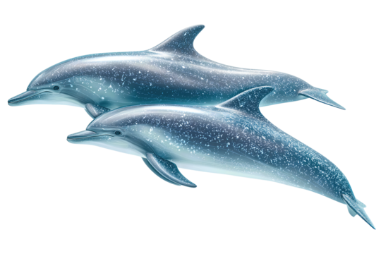 Two sleek dolphins swimming in a parallel curve, silver-blue backs with pale bellies and subtle skin speckles, dynamic forward motion, isolated on transparent background
