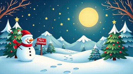 Festive snowman and christmas tree under a full moon in snowy mountains