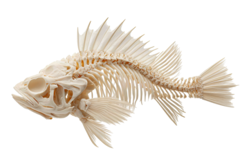 Fish skeleton, side profile with arched spine and spiky dorsal rays, bleached ivory matte, fine bone texture and small nicks, slight forward tilt, isolated on transparent white background, no shadow o