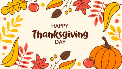 Elegant Thanksgiving border design featuring pumpkins, maple leaves, acorns, and apples arranged around the Happy Thanksgiving Day lettering — vibrant autumn palette with golden highlights and texture