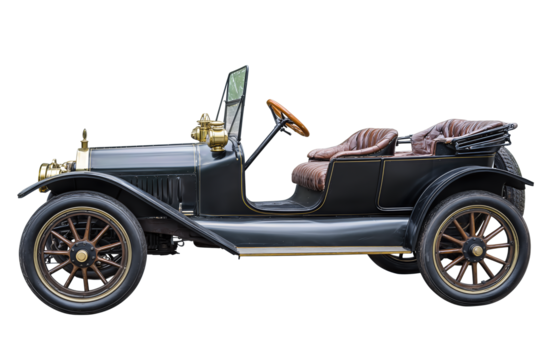 Vintage open-top car in 1920s style, glossy black body with brass headlamps, spoked wheels, and wooden steering rim, detailed leather bench interior, isolated on transparent background
