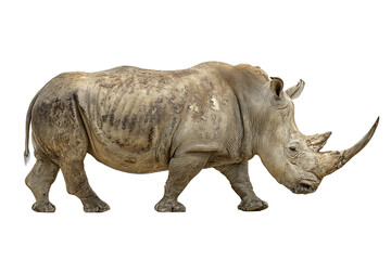 Obraz premium Dust-covered white rhinoceros with cracked hide and uneven horn, subtle marks of birds along side, raw realism of savanna life, isolated on transparent background 