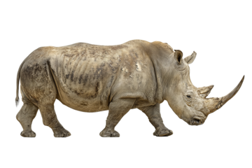 Dust-covered white rhinoceros with cracked hide and uneven horn, subtle marks of birds along side, raw realism of savanna life, isolated on transparent background
