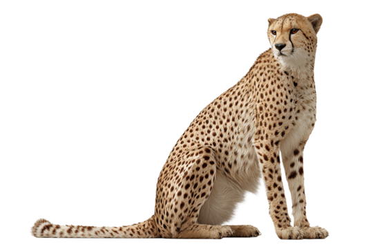 Elegant cheetah sitting tall with spotted golden fur, fine tear streaks beneath eyes and relaxed forward-curved tail, isolated on transparent background

