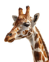 Naklejka premium Curious giraffe tilting its long neck inward, bold brown-and-cream pattern and crisp facial detail with soft eye lashes, isolated on transparent background 