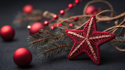 A close-up red Christmas star with green pine branches and red ornaments placed on a dark background, captured with a shallow depth of field to highlight the star and festive elements.