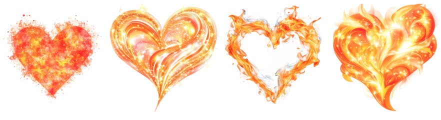 Burning Hearts: A quartet of heart-shaped flames ignites passion and intensity. Each heart, meticulously rendered in fiery hues, represents the raw, passionate core of emotion.