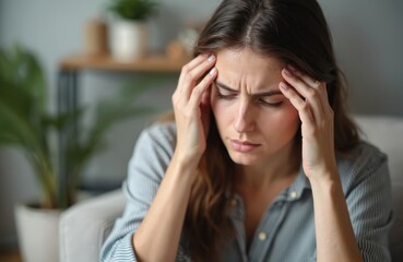 Woman suffering from headache at home. Lady sitting on sofa touches head. Girl feels sick and stressed. Female experiences mental health issue and need support. Migraine attack concept.