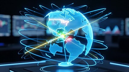 Dynamic world map hologram highlights currency market volatility globally - Powered by Adobe