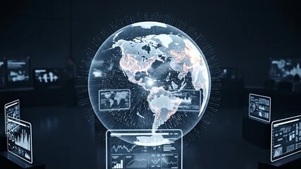 Holographic world map displays currency movement trends, insightful global finance - Powered by Adobe