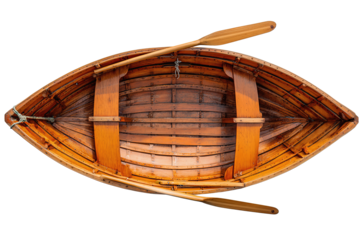 Small wooden boat interior showing slatted seats, oars resting in a cross, and honey-glazed finish with aged detail, isolated on transparent background
