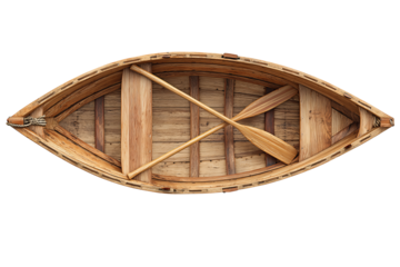 Small wooden boat interior showing slatted seats, oars resting in a cross, and honey-glazed finish with aged detail, isolated on transparent background
