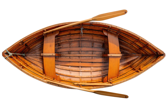 Small wooden boat interior showing slatted seats, oars resting in a cross, and honey-glazed finish with aged detail, isolated on transparent background
