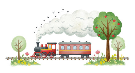 Vintage Train Adventure: A charming vintage train chugs along a scenic track, billowing steam as it journeys through a whimsical landscape, inviting thoughts of exploration and nostalgia.