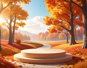 Beige podium under autumn trees against a sun-drenched, misty, rolling hillside