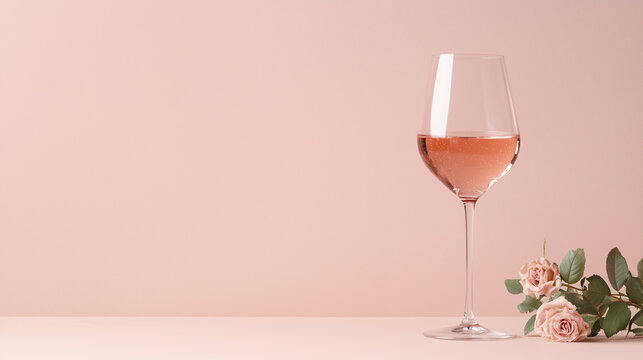 A single wine glass filled with rose wine sits against a soft pink wall, evoking elegance, relaxation, and celebration. Perfect for lifestyle, romance, dining, and wine events visuals.