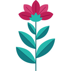 Stylized Flat Design Flower With Pink Petals And Teal Leaves On A Transparent Background
