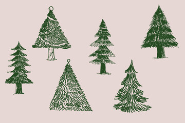 Collection of hand-drawn pine trees in vintage sketch style. Detailed evergreen and fir trees perfect for winter, forest, or Christmas-themed designs. Green line illustration on light background