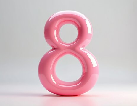 Glossy pink number eight isolated. 3D render of a digital plastic font design. Number looks like balloon. Image for cards, banners, web design, celebrations. Figure for party decor or decoration.