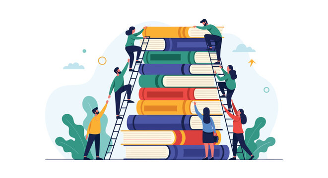 Diverse people climb a ladder to reach the top of a stack of colorful books, symbolizing education and progress. - Powered by Adobe