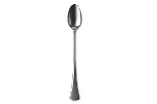 Stainless steel long bar spoon for mixing drinks, cocktails, iced tea, and desserts, having a shiny metallic finish