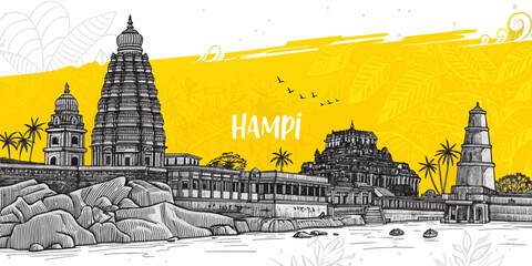 Hampi Skyline Illustration Featuring Virupaksha Temple, Vittala Temple & Tungabhadra River for Travel Promotion and Wall Art