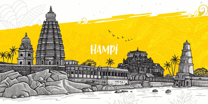 Hampi Skyline Illustration Featuring Virupaksha Temple, Vittala Temple & Tungabhadra River for Travel Promotion and Wall Art