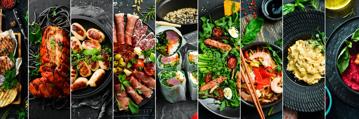 Food and drinks. Assortment of dishes from different countries of the world. Photo collage of images of dishes and drinks. Wide banner for design.