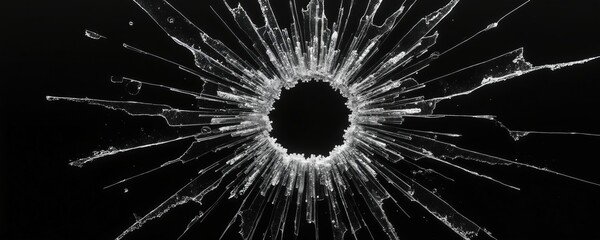 Cracked glass with hole, radial shards on black backdrop. Abstract texture of broken glace creates depth. Minimalistic monochrome shot fragility, destruction chaos. Sharp edges highlight danger