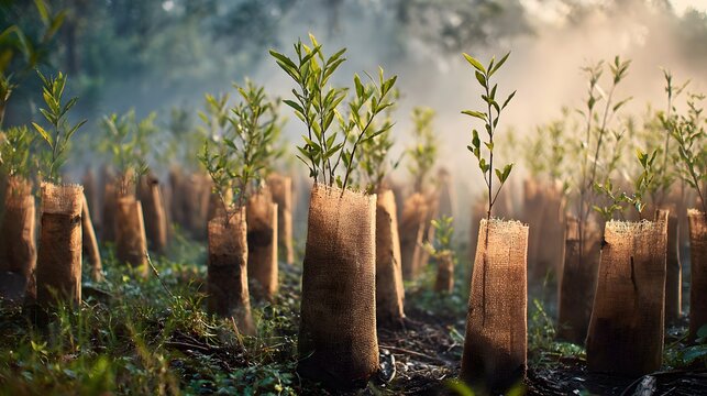 Young tree seedlings growing in biodegradable bags at sunrise, symbolizing reforestation, sustainability, and hope for a greener future through environmental conservation and eco-friendly agriculture.