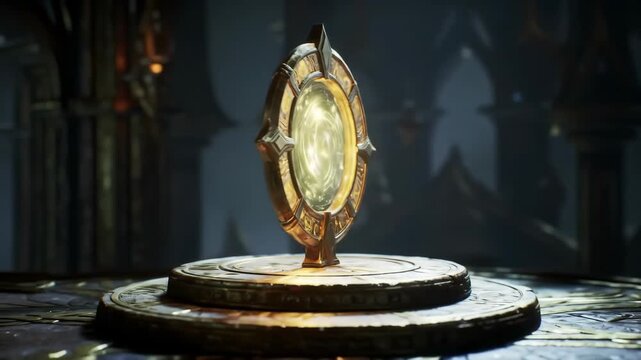 Golden artifact atop stone dais illuminated in dim fantasy room setting, potential for game visuals