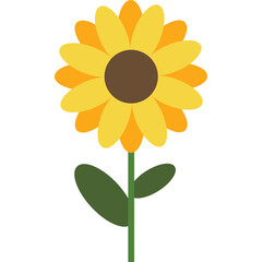 Simple Cartoon Sunflower With Green Stem and Two Leaves Isolated On White Background Graphic Design Element