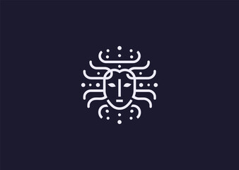 An abstract Medusa logo in elegant line style, combining geometric hair patterns with a mysterious face outline, symbolizing power, transformation, and myth in minimalist vector art