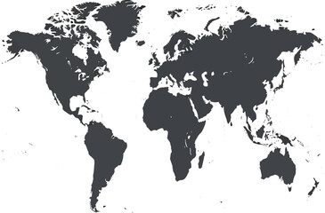 World map illustration isolated on white background showing continents, oceans, and landmasses in a simplified, monochrome design for geographical representation