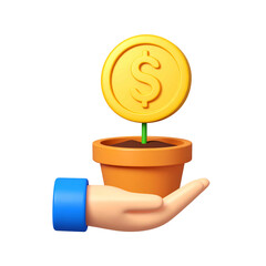 Cartoon hand holding a plant pot with a coin growing as a flower, black background
