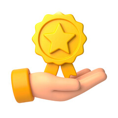 Cartoon hand presents a golden award with a star on black background