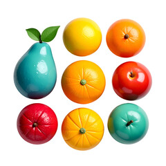 Colorful, stylized fruit arrangement on a black background