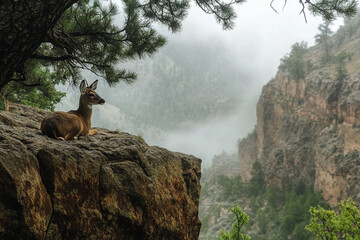 deer resting beneath rock ledge as mist drifts through canyon below