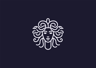 An abstract Medusa logo in elegant line style, combining geometric hair patterns with a mysterious face outline, symbolizing power, transformation, and myth in minimalist vector art