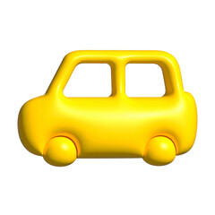 Shiny, yellow 3D rendered cartoon car icon, stylized with smooth rounded edges