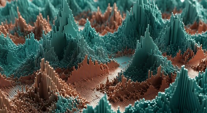 Undulating Topographic Landscape of Candlestick Charts as Mountains and Valleys, in Metallic Teal and Copper Finish, Representing Bull and Bear Markets
