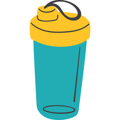 Teal Blue Shaker Bottle With Yellow Lid And Black Handle For Fitness And Sports Nutrition Isolated On White Background