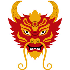 Traditional Red And Gold Chinese Dragon Head Illustration With Horns And Whiskers On Transparent Background